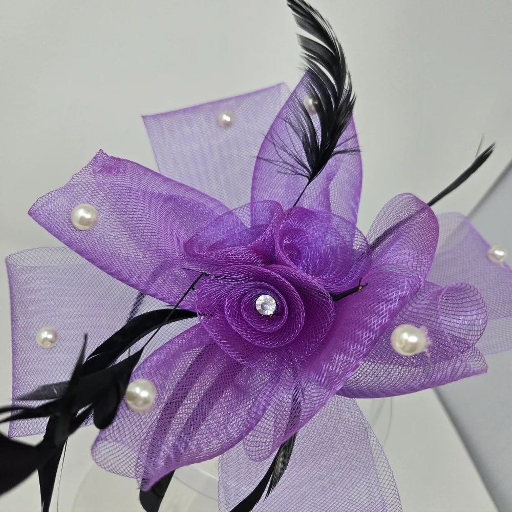HANDMADE VINTAGE FASCINATOR HEADBAND BLACK & PURPLE KENTUCKY DERBY WOMEN OS